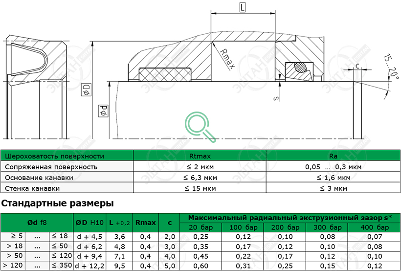 Посадочное место и стандартные размеры уплотнения штока S19-F